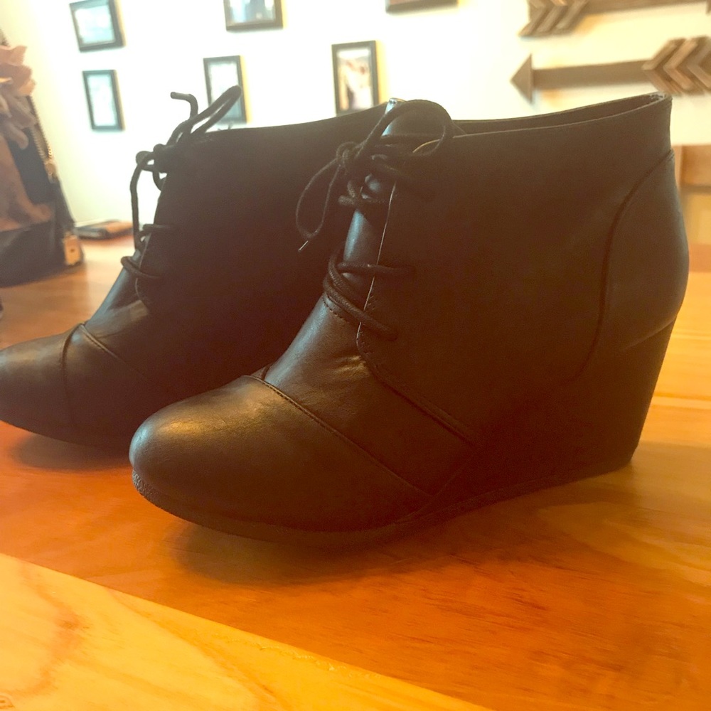 Black lace up wedge booties